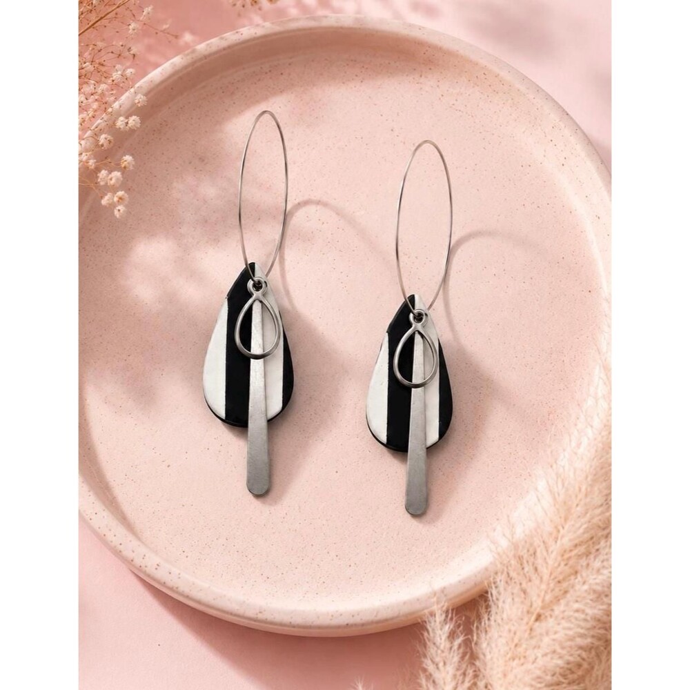 Handmade Black White Geometric Polymer Clay Earrings, Lightweight Dangle Jewelry